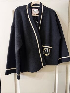 Alexia Admor Black Cardigan with Cream Trim and Pink Label Accent